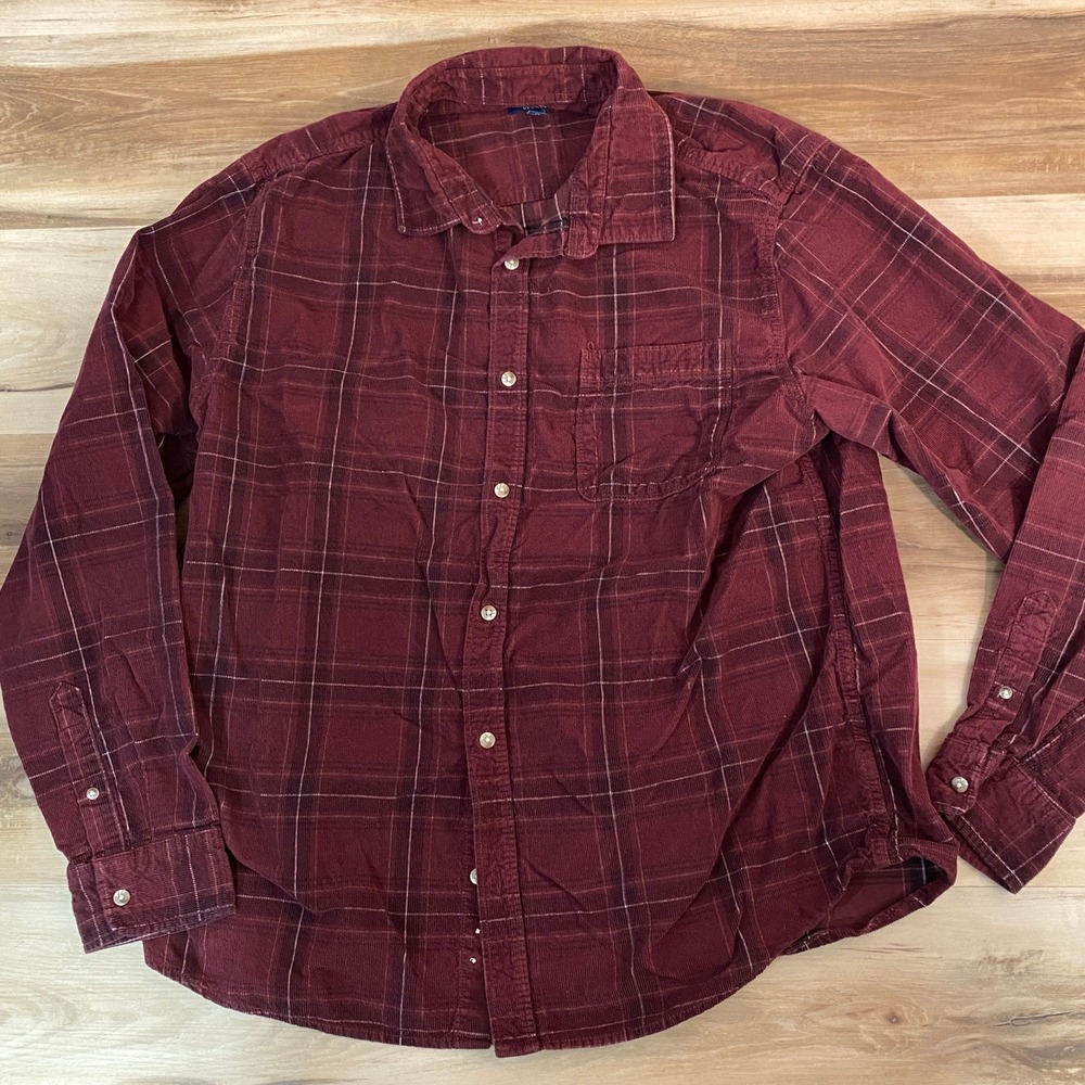 George Corduroy Shirt Mens XL Burgundy Plaid Button Up Long Sleeve Casual